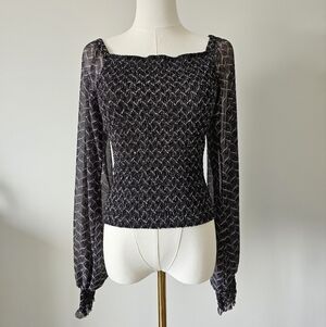 Anthropologie S Roven Balloon Sleeve Chiffron Black Smocked Long Sleeve Top